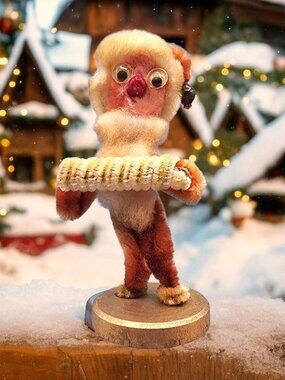 Vintage 1950s Shabby Chenille Santa Ornament Googly Eyes Red Nose Accordion